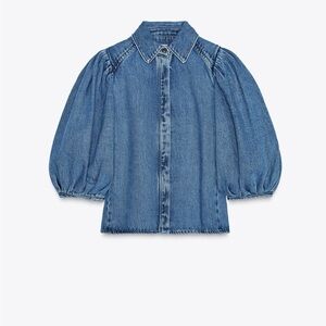 Zara Washed Denim Puff-Sleeve Shirt - Blue